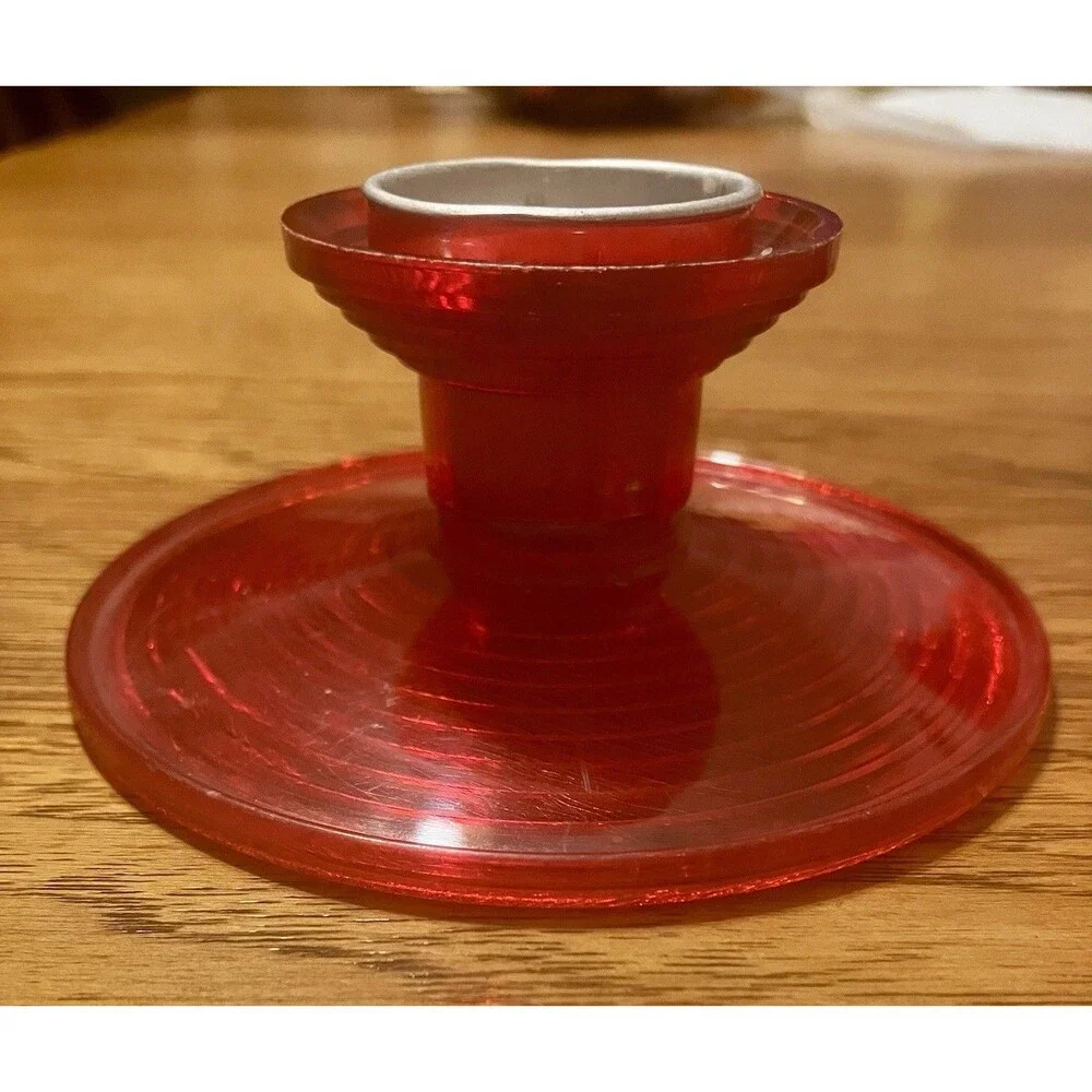Red Vintage Fosta Candle Holders. Clear Plastic, Used.  For Christmas, Valentine